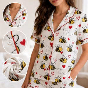 Bee Heart Pajama Set for Women, Cute Honey Bee Print Short Sleeve Sleepwear, Soft Button Up PJ Shorts Set, Cozy Loungewear Gift.