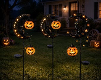 Solar Black Cat Crescent Moon Stake Light, Outdoor Halloween Pumpkin Lantern, Glowing Yard Garden Pathway Decor, Spooky Fall Lawn Gift