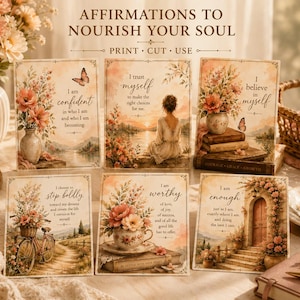 May include: Six rectangular cards featuring soft-toned floral illustrations and inspirational text. Each card displays unique imagery, including a bicycle, a person by a lake, and a stone archway, with phrases like I am confident and I am worthy.