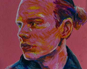 May include: A portrait drawing of a person with hair pulled back in a bun, rendered in vibrant oil pastel strokes of pink, yellow, and blue on a pink background. The subject is shown in profile, wearing a dark blue collared garment.