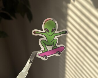 Skateboarding Alien Vinyl Sticker - Holographic