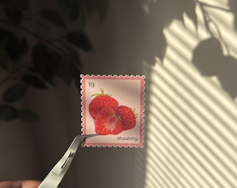 Postage Stamp Strawberry Vinyl Sticker - Glossy