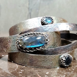 Handmade Fine Silver Labradorite Cuff Bracelet Set: Hammered Stacking Bangles