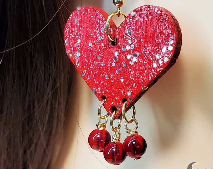 Laser Cut Heart Wood Earrings with Dangling Red Glass Beads, lightweight Heart Earrings, hand made wooden earrings