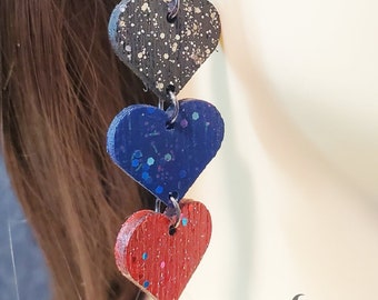 Laser Cut Triple Heart Waterfall Wood Earrings, lightweight Triple Heart Earrings, hand made wooden earrings