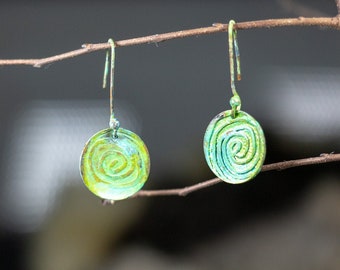 Green Patina Copper Spiral Earrings