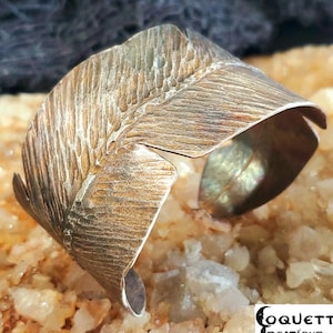 Hand hammered and fired fold formed fine silver &#39;Feather&#39; Cuff Bracelet