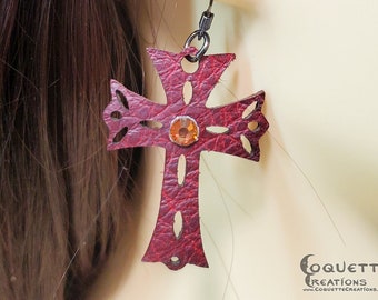 Laser Cut Red Latin Cross Leather Earrings with Fire Red Crystal Centerpiece, lightweight Latin Cross Earrings, hand made leather earrings