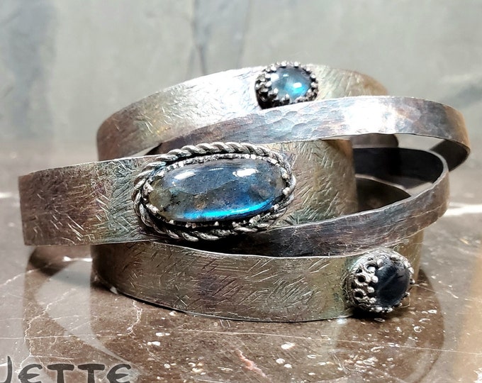 Original One-of-a-kind Handmade set of Five .999 Fine Silver Hand Hammered & Textured Narrow Cuff Bracelets with Blue Labradorite Stones