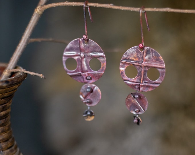 Aged Red and Black Patina Copper Earrings