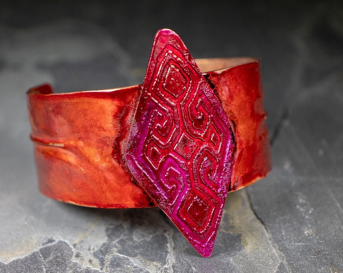 Hammered Vibrant Pink Red Copper Cuff Bracelet