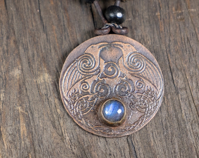 Celtic Raven Knotwork Blue Labradorite Hammered Copper Necklace Pendant