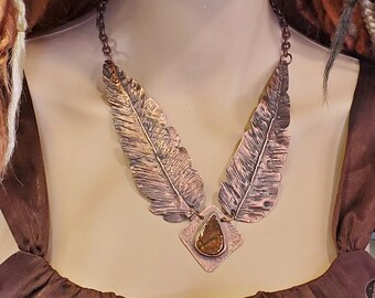 Original Handmade One-of-a-kind Copper Feather Statement Piece With Flashy Ammolite Gemstone Pendant