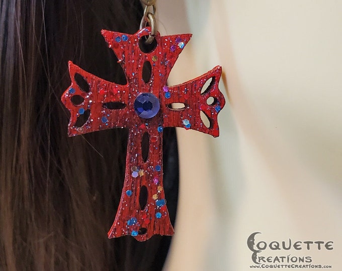 Laser Cut Latin Cross Wood Earrings with Violet Crystal Centerpiece, lightweight Latin Cross Earrings, hand made wooden earrings