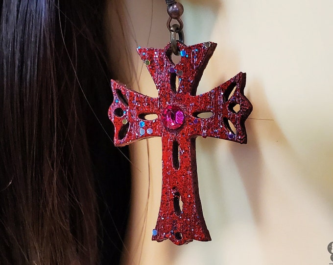 Laser Cut Crimson Red Latin Cross Wood Earrings with Red Crystal Centerpiece, lightweight Latin Cross Earrings, hand made wooden earrings