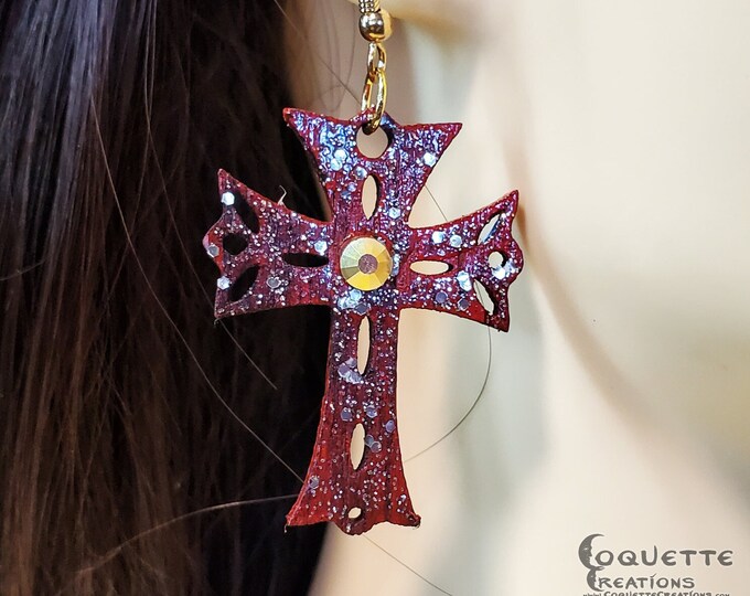 Laser Cut Crimson Red Latin Cross Wood Earrings with Gold Crystal Centerpiece, lightweight Latin Cross Earrings, hand made wooden earrings