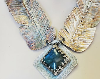 Original Handmade One-of-a-kind Blue Labradorite & .999 Fine Silver Feather Statement Piece