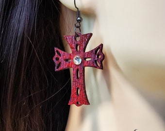 Laser Cut Crimson Red Latin Cross Wood Earrings with Gold Crystal Centerpiece, lightweight Latin Cross Earrings, hand made wooden earrings