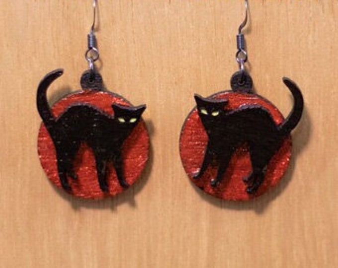 Hand Made Laser Cut Baltic Birch Wood Halloween Spooky Black Cat Earrings