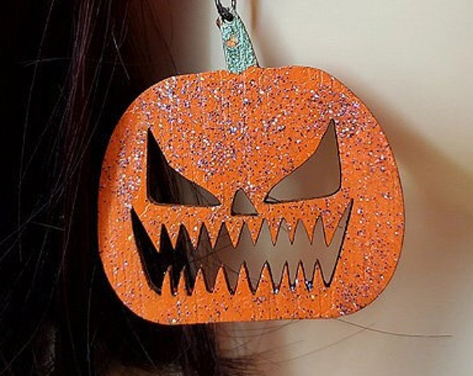 Hand Made Laser Cut Baltic Birch Wood Spooky Halloween Jack-o-lantern Earrings