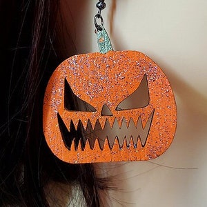 Hand Made Laser Cut Baltic Birch Wood Spooky Halloween Jack-o-lantern Earrings