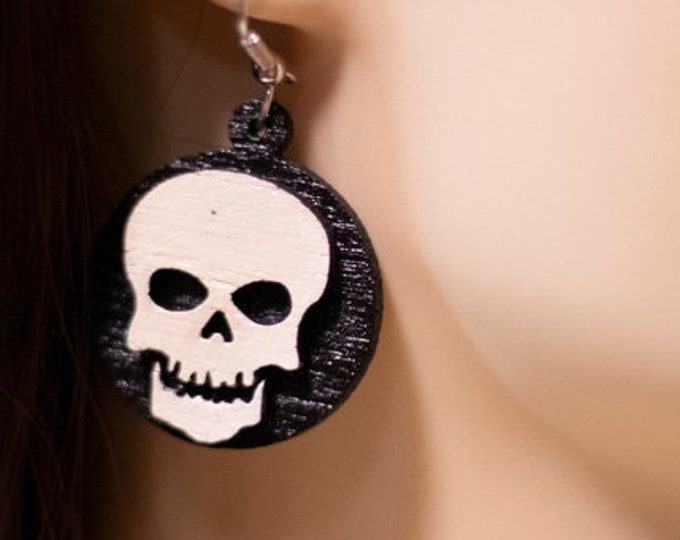 Hand Made Laser Cut Baltic Birch Wood Spooky Halloween Skull Earrings