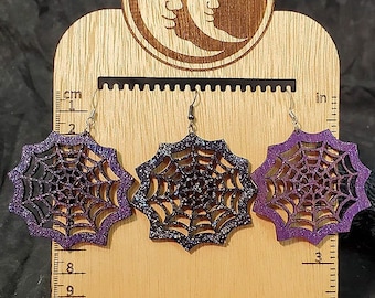 Hand Made Laser Cut Baltic Birch Wood Halloween Spooky Spider Web Earrings