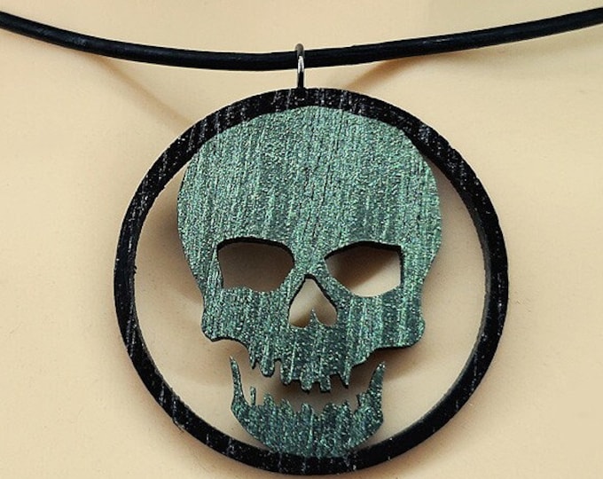 Hand Made Laser Cut Baltic Birch Wood Spooky Halloween Skull Pendant Necklace