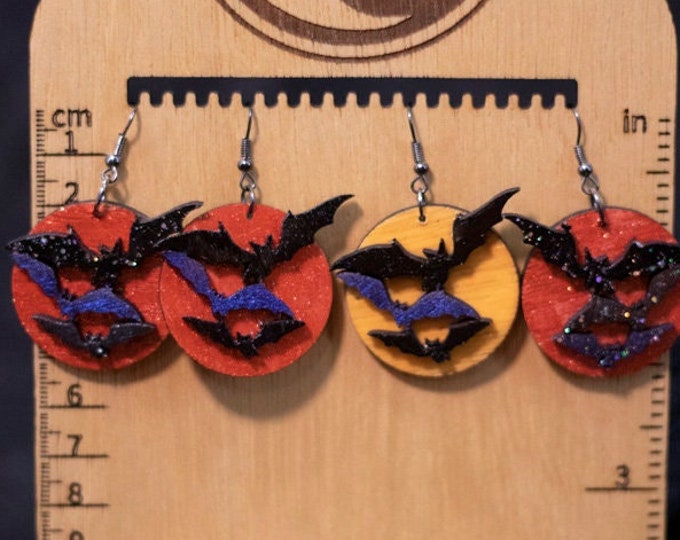 Hand Made Laser Cut Baltic Birch Wood Spooky Halloween Bat Earrings