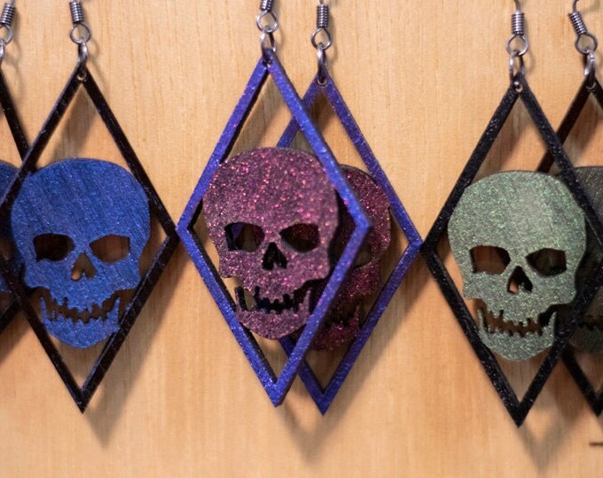 Hand Made Laser Cut Baltic Birch Wood Halloween Spooky Skull Earrings