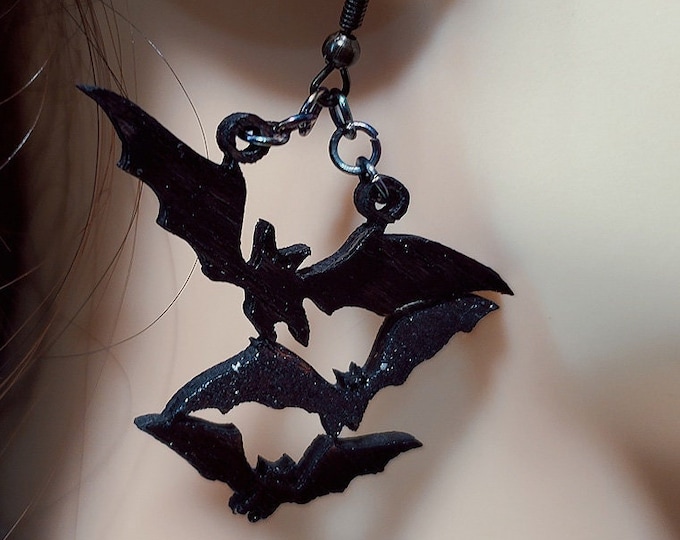 Hand Made Laser Cut Baltic Birch Wood Spooky Halloween Bat Earrings