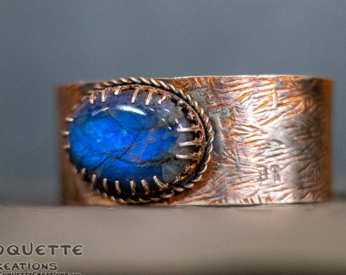 Original One-of-a-kind Handmade .999 Fine Silver Hand Hammered & Textured Cuff Bracelet with Blue Labradorite Stone