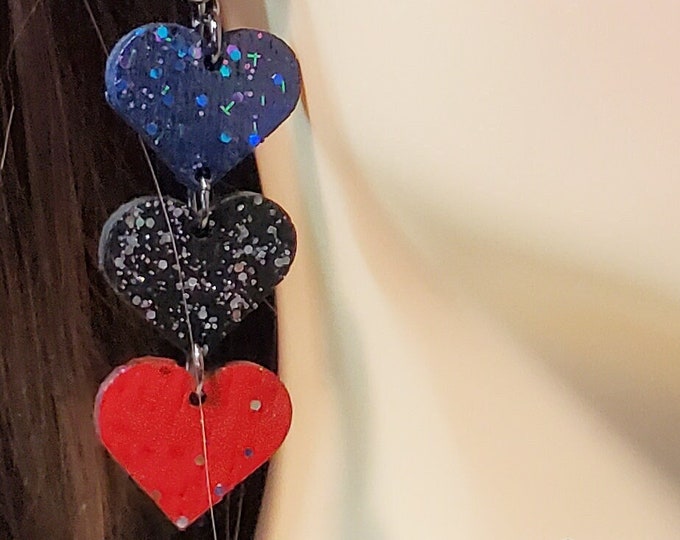 Laser Cut Triple Heart Wood Earrings, lightweight Triple Heart Earrings, hand made wooden earrings