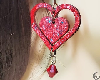 Laser Cut Double Heart Wood Earrings with Dangling Red Crystal, lightweight Double Heart Earrings, hand made wooden earrings