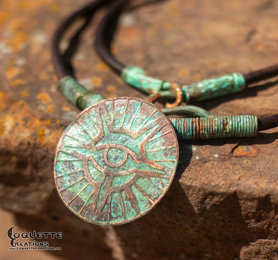 Ancient Mystical Eye Hammered Etched Copper Necklace Pendant