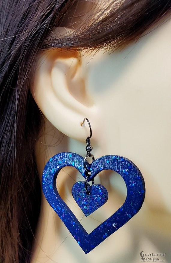 Laser Cut Double Heart Wood Earrings, lightweight Double Heart Earrings, hand made wooden earrings