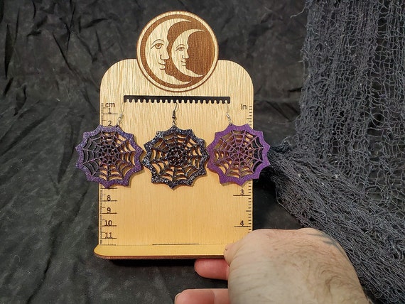 Hand Made Laser Cut Baltic Birch Wood Halloween Spooky Spider Web Earrings