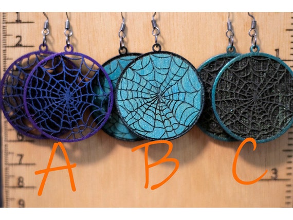 Hand Made Laser Cut Baltic Birch Wood Halloween Spooky Spider Web Earrings
