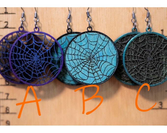 Hand Made Laser Cut Baltic Birch Wood Halloween Spooky Spider Web Earrings