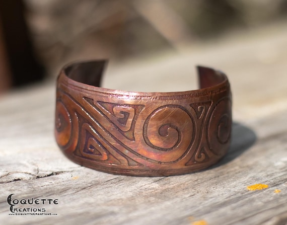 Hand hammered and forged etched domed unisex Copper Cuff Bracelet
