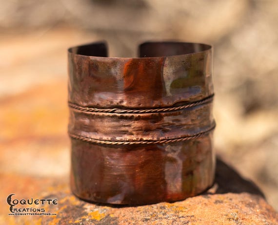 Hand hammered and fold formed copper cuff bracelet finished with a beautiful rustic patina