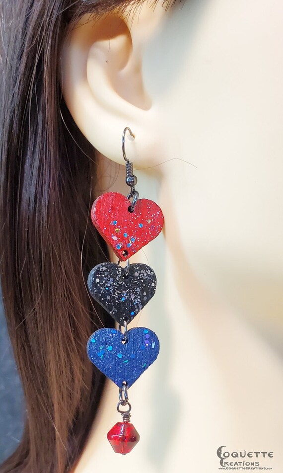 Laser Cut Triple Heart Waterfall Wood Earrings, lightweight Triple Heart Earrings, hand made wooden earrings
