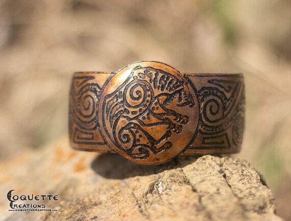 Hand hammered and forged etched domed unisex Copper Cuff Bracelet