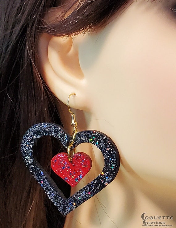 Laser Cut Double Heart Wood Earrings, lightweight Double Heart Earrings, hand made wooden earrings