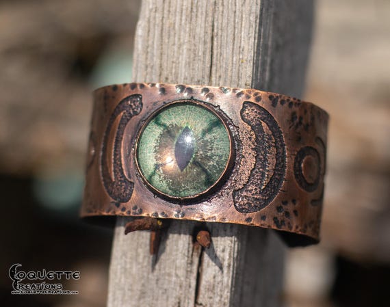 Hand Hammered and Forged  Ancient Dragon Eye Occulus Etched Copper Bracelet