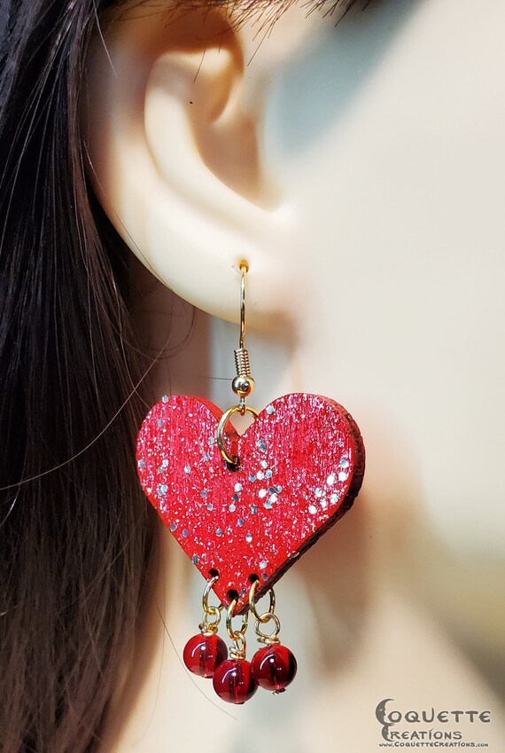 Laser Cut Heart Wood Earrings with Dangling Red Glass Beads, lightweight Heart Earrings, hand made wooden earrings