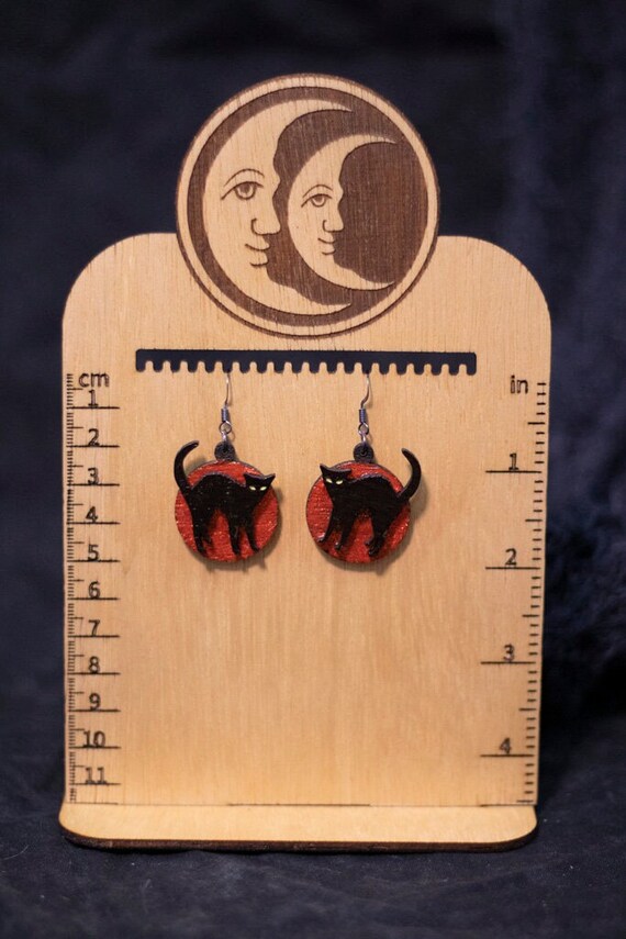 Hand Made Laser Cut Baltic Birch Wood Halloween Spooky Black Cat Earrings