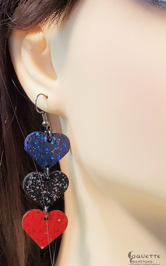 Laser Cut Triple Heart Wood Earrings, lightweight Triple Heart Earrings, hand made wooden earrings