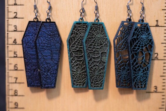 Hand Made Laser Cut Baltic Birch Wood Halloween Spooky Spider Web Earrings