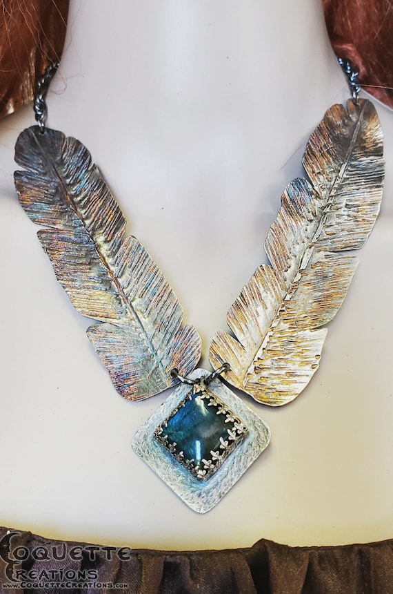 Original Handmade One-of-a-kind Blue Labradorite & .999 Fine Silver Feather Statement Piece